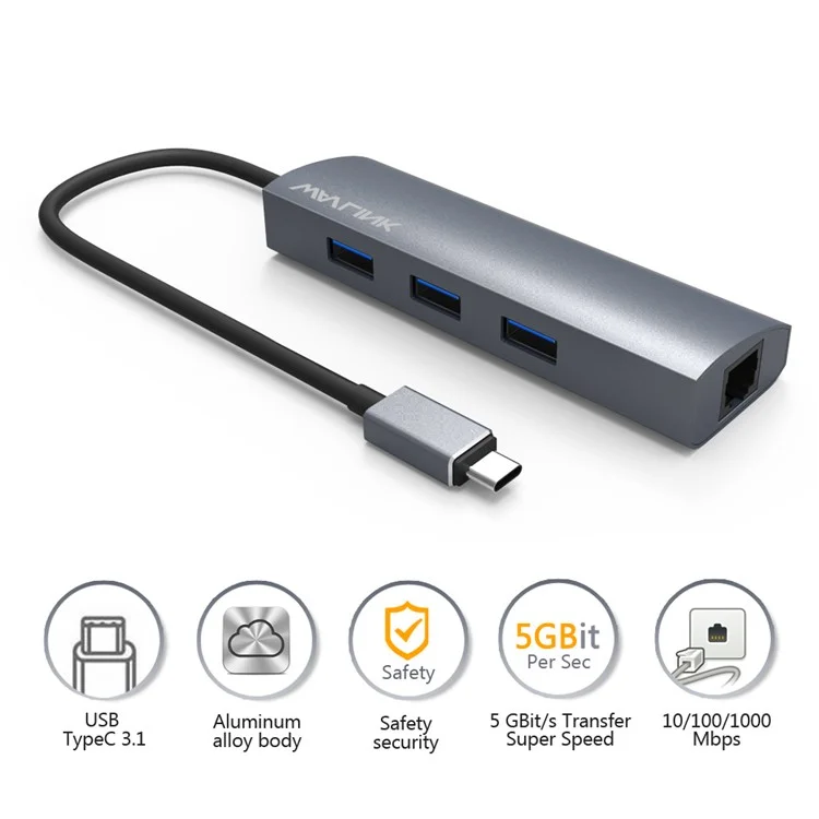 Wavlink UH3031G / m Mini Adattatore di Hub Type-C a 3 x USB 3.0 + USB-C + RJ45 + Porta di Alimentazione DC