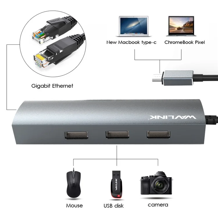 Wavlink Uh3031g / C Type-C Hub Mini Adaptador a 3 x USB 3.0 + USB-C + RJ45 + Puerto de Alimentación de cc