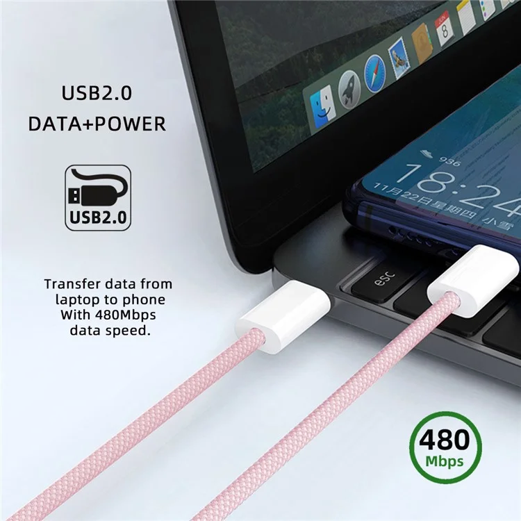 UC-072-BL-1.0M Type-C USB-C Male to Male USB 2.0 Data Cable 65W Fast Charging Cord (OD=3MM) - Pink