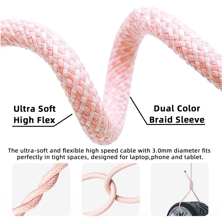 UC-072-BL-1.0M Type-C USB-C Male to Male USB 2.0 Data Cable 65W Fast Charging Cord (OD=3MM) - Pink