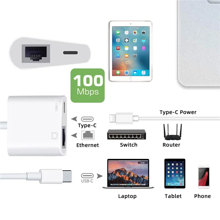 UC-155-TC006 Type C Usb-c-c à 100 Mbps Réseautage RJ45 Avec Adaptateur de Charge PD Power Pour Téléphone Portable