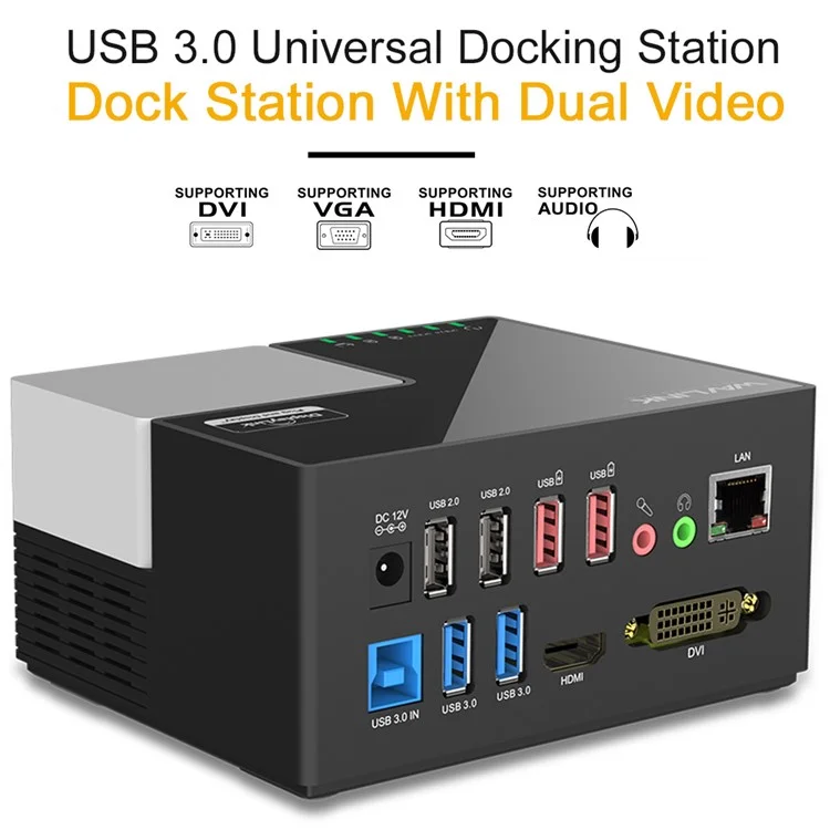 WAVLINK WL-UG39DK3 USB 3.0 Hub Fast Charging Gigabit Ethernet Dual Display Video Dock with DVI / HD - US Plug