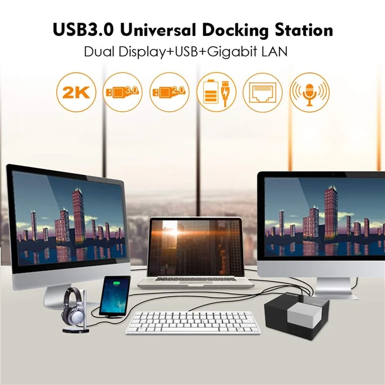 WAVLINK WL-UG39DK3 USB 3.0 Hub Fast Charging Gigabit Ethernet Dual Display Video Dock with DVI / HD - US Plug