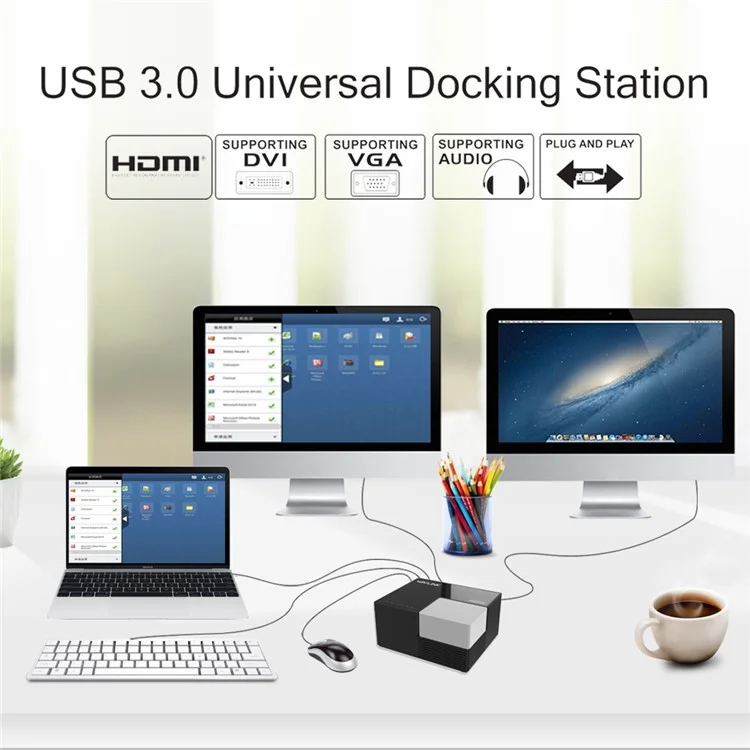 WAVLINK WL-UG39DK3 USB 3.0 Hub Fast Charging Gigabit Ethernet Dual Display Video Dock with DVI / HD - US Plug