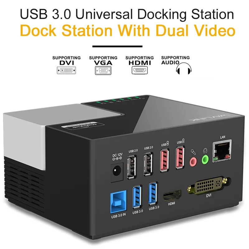 WAVLINK WL-UG39DK3 USB 3.0 Hub Fast Charging Gigabit Ethernet Dual Display Video Dock with DVI / HD - EU Plug