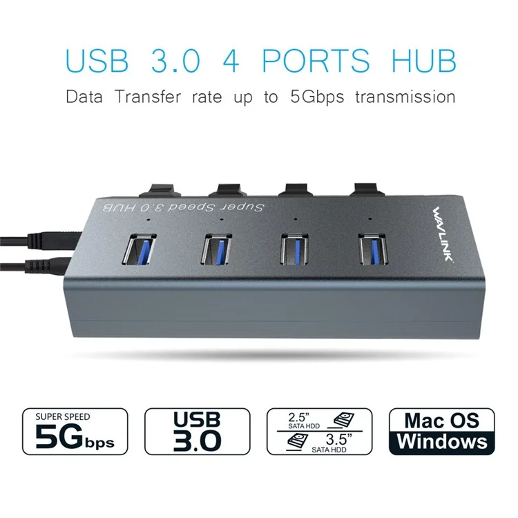 WAVLINK WL-UH3049 4 ports USB 3.0 Chargeur de bureau Station de charge rapide pour téléphone avec commutateur indépendant - Prise EU