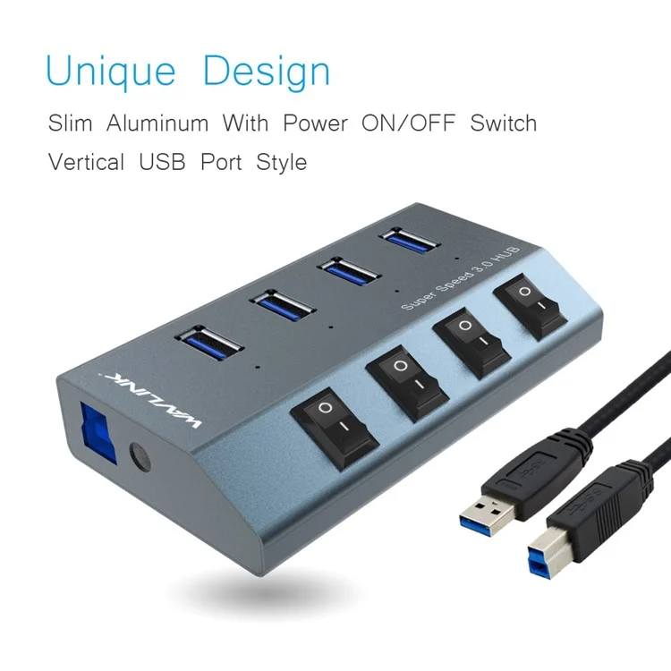 WAVLINK WL-UH3049 4 ports USB 3.0 Chargeur de bureau Station de charge rapide pour téléphone avec commutateur indépendant - Prise EU