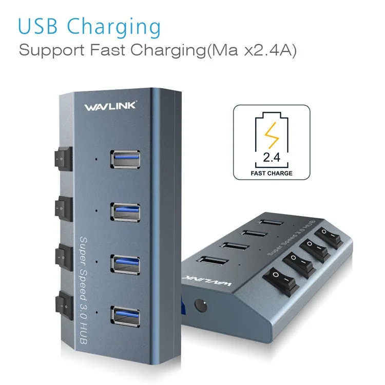 WAVLINK WL-UH3049 4 ports USB 3.0 Chargeur de bureau Station de charge rapide pour téléphone avec commutateur indépendant - Prise EU