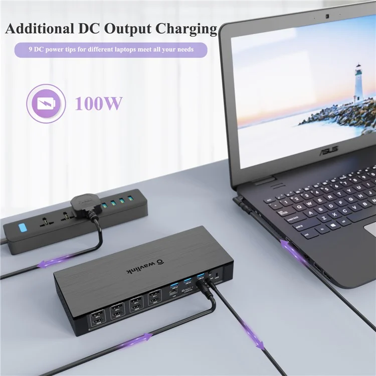 WAVLINK UG69PD10 Estação de Acoplamento Tipo-C Hub 1-para-4 Telas 4K / 5K Transferência AV Adaptador USB-C para HD / DP USB3.0 Splitter - Plugue dos EUA
