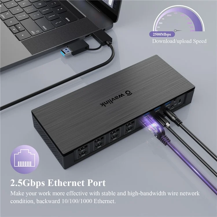 WAVLINK UG69PD10 Estação de Acoplamento Tipo-C Hub 1-para-4 Telas 4K / 5K Transferência AV Adaptador USB-C para HD / DP USB3.0 Splitter - Plugue dos EUA