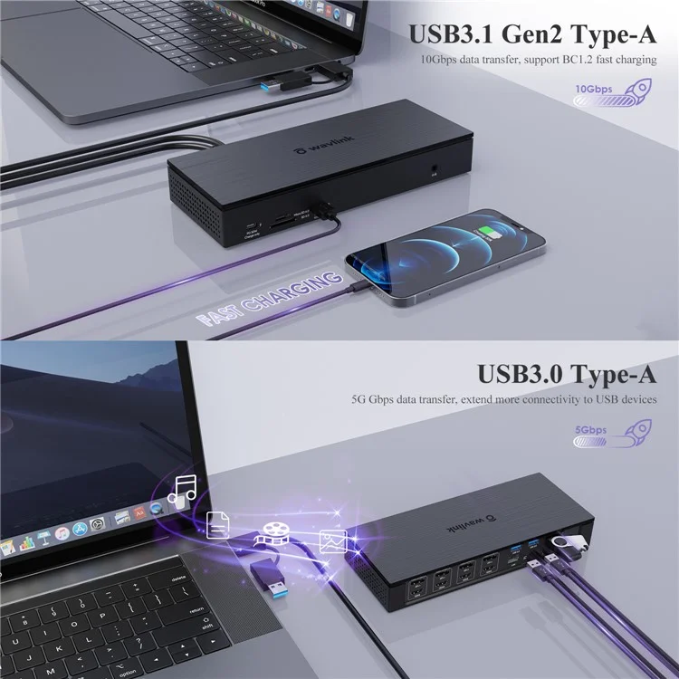 WAVLINK UG69PD10 Estação de Acoplamento Tipo-C Hub 1-para-4 Telas 4K / 5K Transferência AV Adaptador USB-C para HD / DP USB3.0 Splitter - Plugue dos EUA