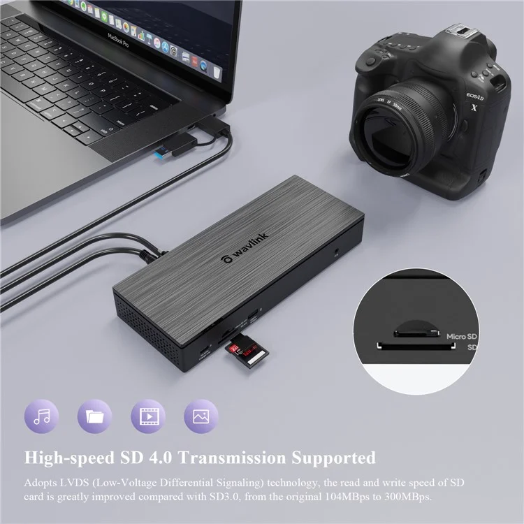 WAVLINK UG69PD10 Estação de Acoplamento Tipo-C Hub 1-para-4 Telas 4K / 5K Transferência AV Adaptador USB-C para HD / DP USB3.0 Splitter - Plugue dos EUA