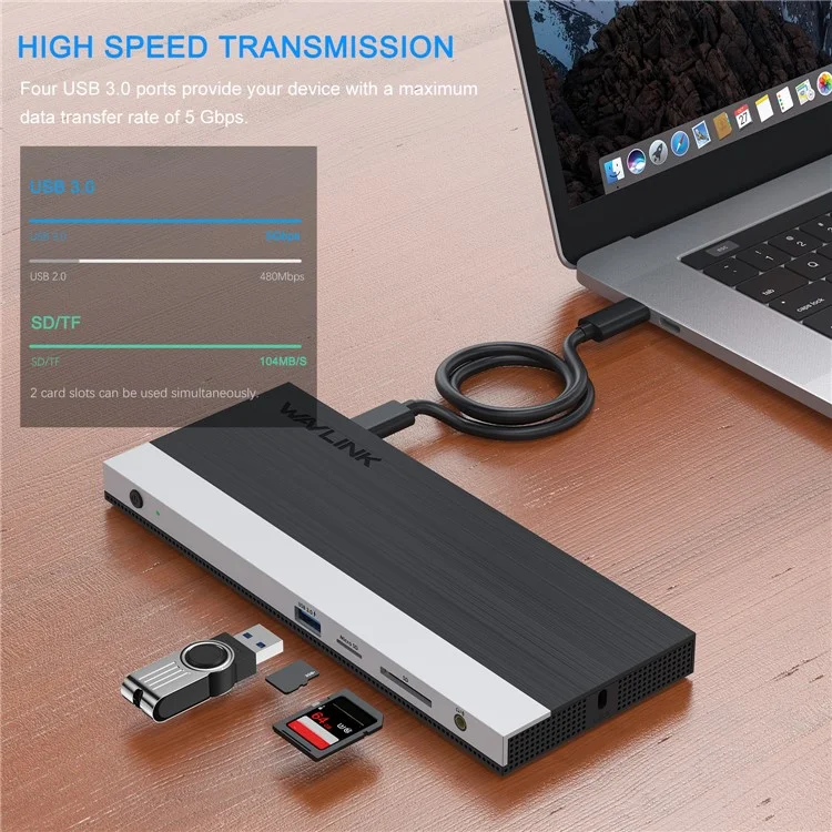 Док-станция WAVLINK WL-UMD01 Gigabit Ethernet / DP / HD Cable Converter USB3.0 Splitter Card Reader USB-C to DP / HD Adapter - Штекер США