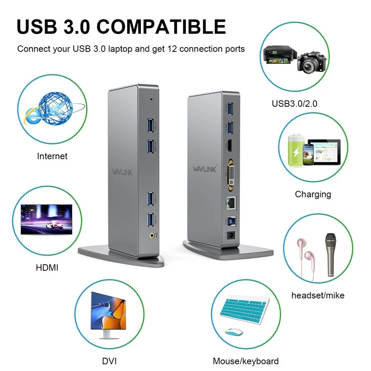 WAVLINK WL-UG39DK7 USB3.0 Multi-Screen Graphics Card Universal Docking Station USB3.0 to DVI / VGA / HD Hub Adapter - US Stecker