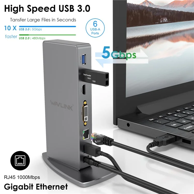 WAVLINK WL-UG39DK7 USB3.0 Multi-Screen Graphics Card Universal Docking Station USB3.0 to DVI / VGA / HD Hub Adapter - US Stecker