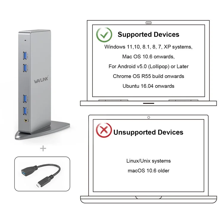 WAVLINK WL-UG39DK7 USB3.0 Multi-Screen Graphics Card Universal Docking Station USB3.0 to DVI / VGA / HD Hub Adapter - US Stecker