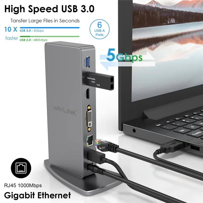 WAVLINK WL-UG39DK7 USB3.0 Multi-Screen Graphics Card Universal Docking Station USB3.0 to DVI / VGA / HD Hub Adapter - EU Plug
