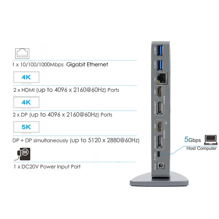 Wavlink WL-UG69DK7 Tipo-c Estación de Acoplamiento Universal de la Corquetería de Escritorio Adaptador de Aleación de Aluminio Soporte 4K / 5K - Enchufe de Ee. Uu.