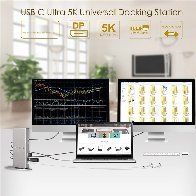 WAVLINK WL-UG69DK7 Type-C Universal Docking Station Desktop Laptops Aluminum Alloy Hub Adapter Support 4K / 5K - US Plug