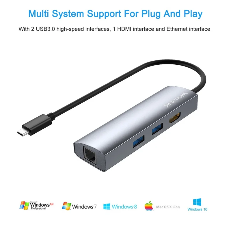 WAVLINK WL-UHP3408 Dock Station 4-in-1 Type-C a HD+2xUSB3.0+Gigabit RJ45
