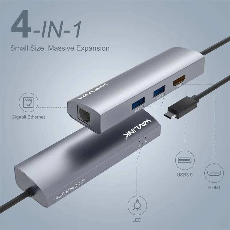 WAVLINK WL-UHP3408 Dock Station 4-in-1 Type-C a HD+2xUSB3.0+Gigabit RJ45
