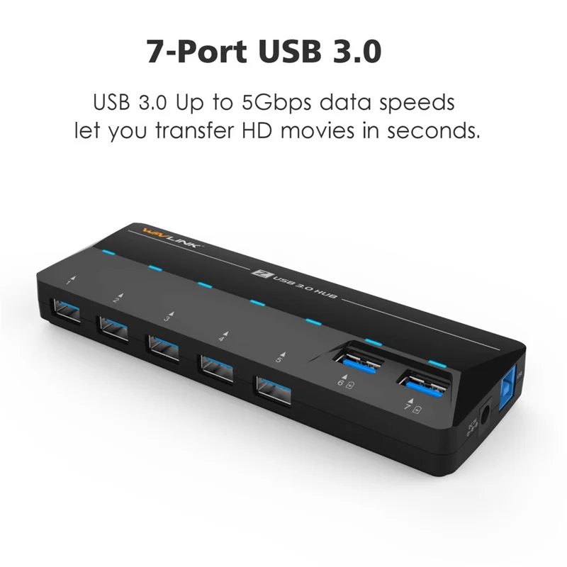 WAVLINK WL-UH3073D SuperSpeed USB3.0 Hub Adapter 7-Port Docking Station with Individual Power Button - US Plug