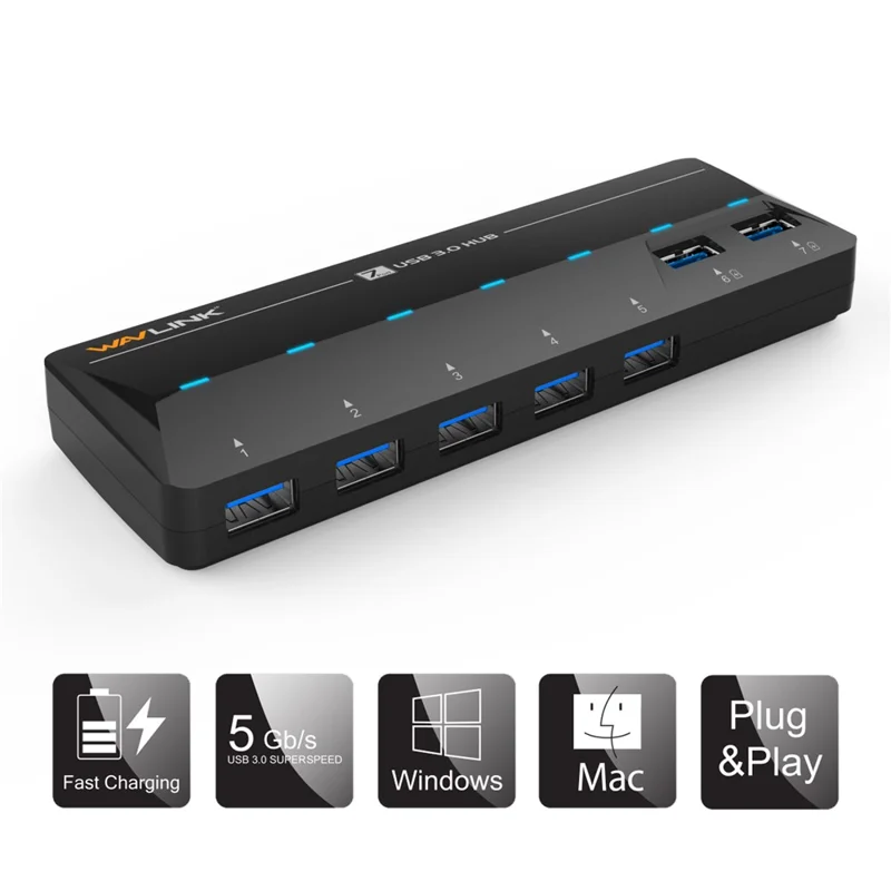 WAVLINK WL-UH3073D SuperSpeed USB3.0 Hub Adapter 7-Port Docking Station with Individual Power Button - US Plug