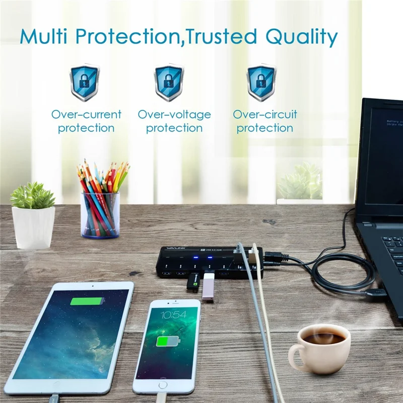 WAVLINK WL-UH3073D SuperSpeed USB3.0 Hub Adapter 7-Port Docking Station with Individual Power Button - US Plug