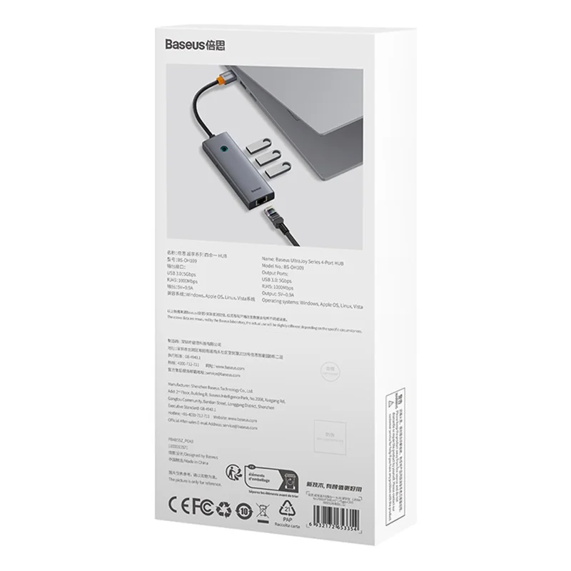 BASEUS UltraJoy Series 4-Port Hub USB Adapter to 3 x USB 3.0 + RJ45 + Type-C 5V - Space Grey