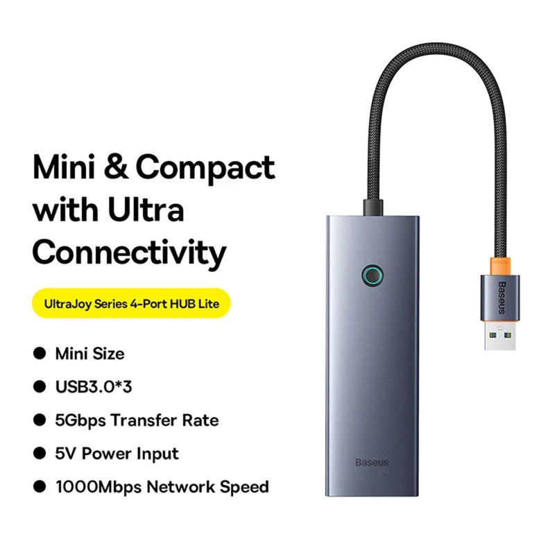 BASEUS UltraJoy Series 4-Port Hub USB Adapter to 3 x USB 3.0 + RJ45 + Type-C 5V - Space Grey