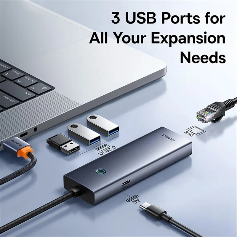 BASEUS UltraJoy Series 4-Port Hub USB Adapter to 3 x USB 3.0 + RJ45 + Type-C 5V - Space Grey