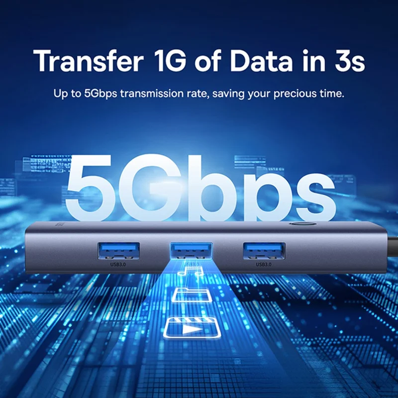 BASEUS UltraJoy Series 4-Port Hub USB Adapter to 3 x USB 3.0 + RJ45 + Type-C 5V - Space Grey