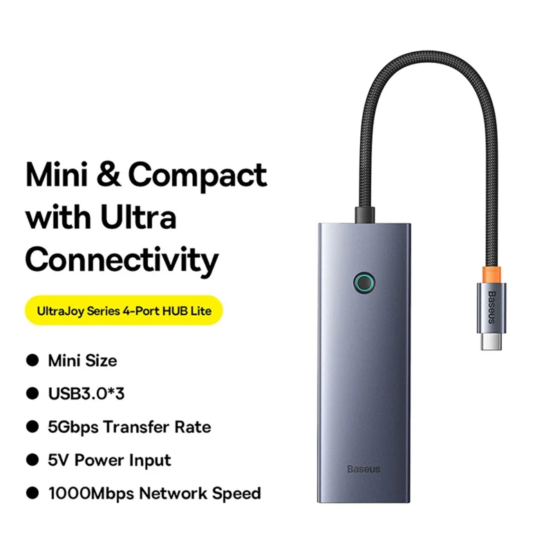 BASEUS UltraJoy Series 4-Port Hub Type-C Adapter to 3 x USB 3.0 + RJ45 + Type-C 5V - Space Grey
