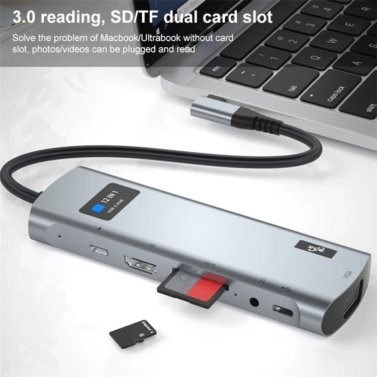 V261A Type-C Hub with PD+USB3.0+USB2.0+Type-C+SD / TF+RJ45+USB Audio+HD+VGA