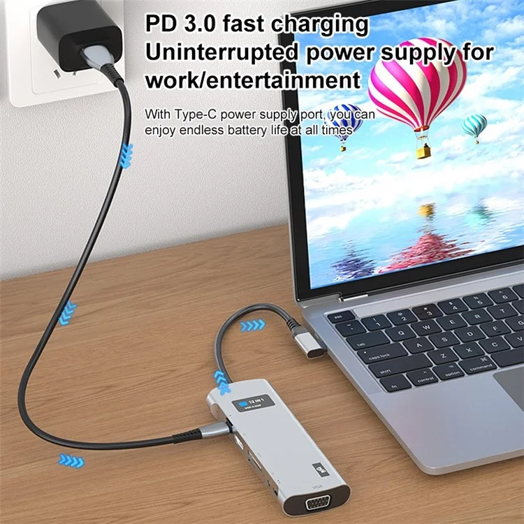 V261A Type-C Hub with PD+USB3.0+USB2.0+Type-C+SD / TF+RJ45+USB Audio+HD+VGA