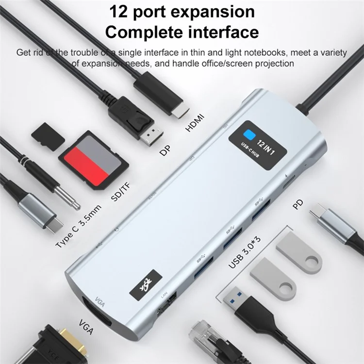 Hub 12 en 1 Z261 USB3.1 a PD+USB3.0x3+Type-C+SD / TF+RJ45+3.5mm+DP+HD+VGA