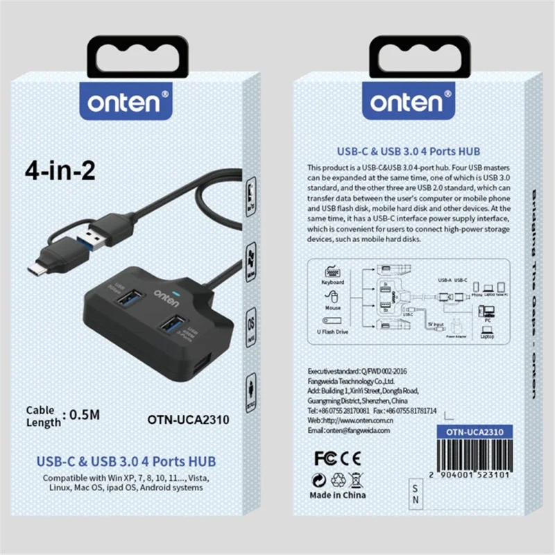 ONTEN OTN-UCA2310 USB3.0+USB2.0 4-portowy koncentrator typu Type-C z kablem 0,5 m