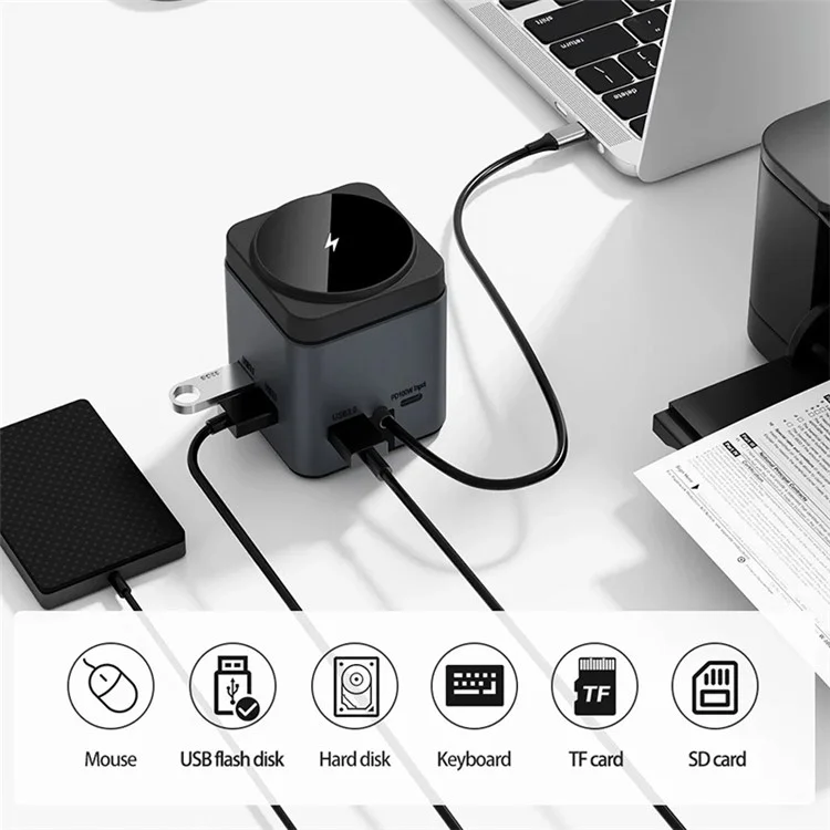 Wiwu Wi-w0259 9-1 em 1 Adaptador de Cubo de Docking Multi-portão Com Carregador Sem Fio 15w, HD, PD 100W