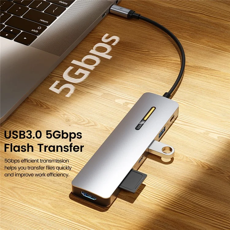 TOOCKI TQ-HUB01A7 7 en 1 Adaptateur USB-C HUB Type-C vers HD 4K USB3.0 PD 100W Lecteur de cartes SD / TF Convertisseur - Or