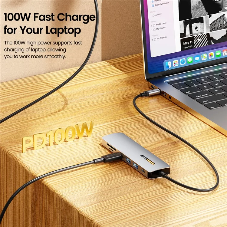 TOOCKI TQ-HUB01A7 7 en 1 Adaptateur USB-C HUB Type-C vers HD 4K USB3.0 PD 100W Lecteur de cartes SD / TF Convertisseur - Or