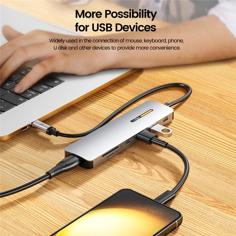 TOOCKI TQ-HUB01A7 7 en 1 Adaptateur USB-C HUB Type-C vers HD 4K USB3.0 PD 100W Lecteur de cartes SD / TF Convertisseur - Or