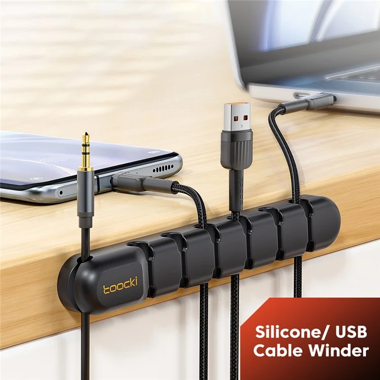 TOOCKI 5-Slot Self-Adhesive Silicone Cord Organizer Charger Cable Fixing Holder - Noir