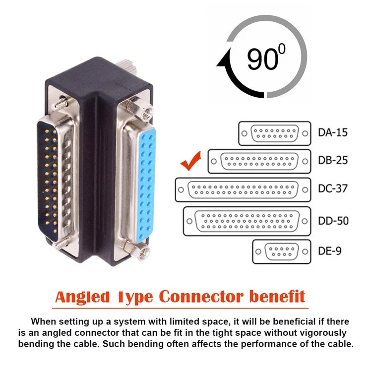 DB-008-UP DB-25PIN Up 90-Degree Angled DSUB Parallel LPT AES / EBU 25-Pin Male Screw to Female Nut Adapter