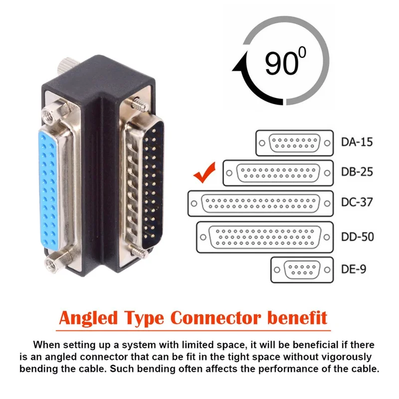 DB-008-DN DB-25PIN Down 90-Degree Angled 25-Pin DSUB Male Screw to Female Nut Connector