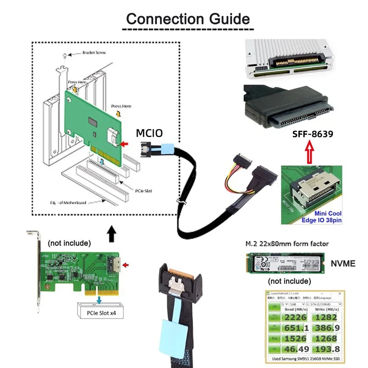 SF-081 Mcio 4x Mini Cool Edge IO a U.2 SFF-8639 NVME Pcie Pci-express Cable Para SSD de Placa Base Para SSD