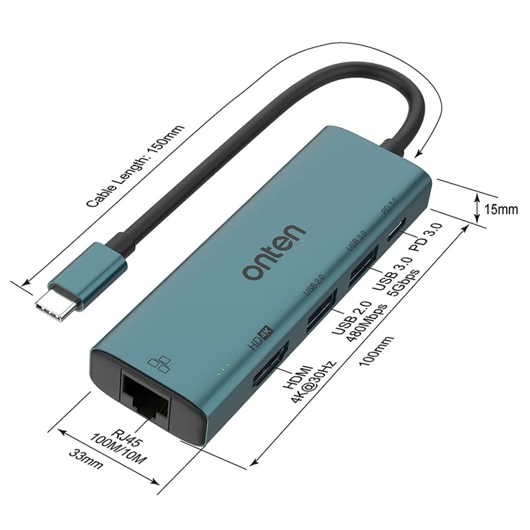 Onten UC122 5-в-1 USB-C Hub Multipt Adapter USB-C до USB3.0 +USB2.0 Адаптер Карт.