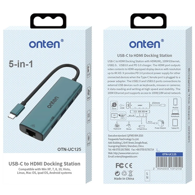 Onten UC122 5-в-1 USB-C Hub Multipt Adapter USB-C до USB3.0 +USB2.0 Адаптер Карт.