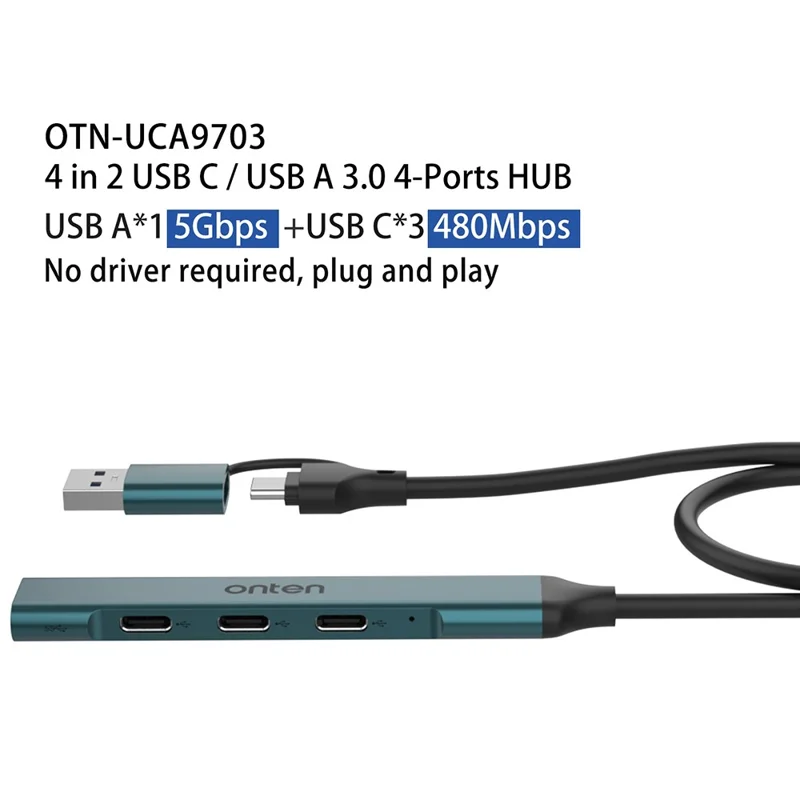 ONTEN UCA9703 USB 3.0+Type-C do 3xType-C+USB Adapter Stop aluminiumowy USB Hub