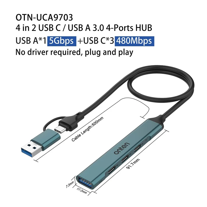 ONTEN UCA9703 USB 3.0+Type-C do 3xType-C+USB Adapter Stop aluminiumowy USB Hub