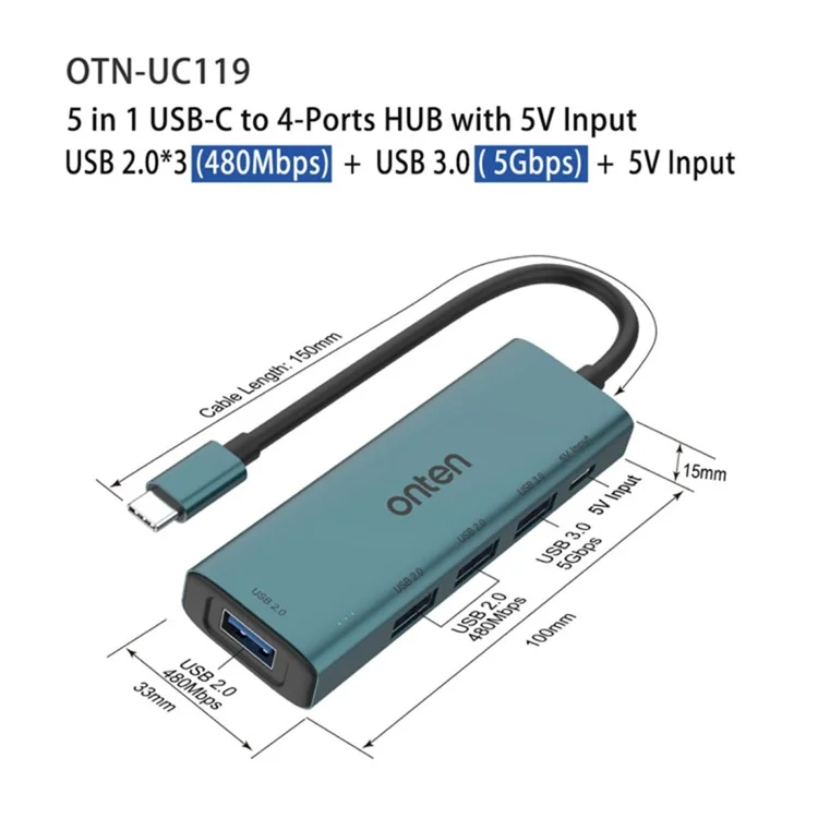 ONTEN UC119 5-en-1 USB-C vers USB3.0 + 3xUSB2.0 + Adaptateur d'entrée USB-C Concentrateur USB